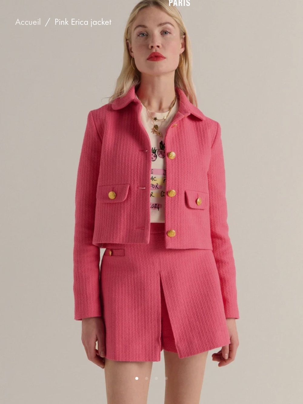 Balzac Paris Pink Tweed Cropped Button Jacket and Skorts Set
